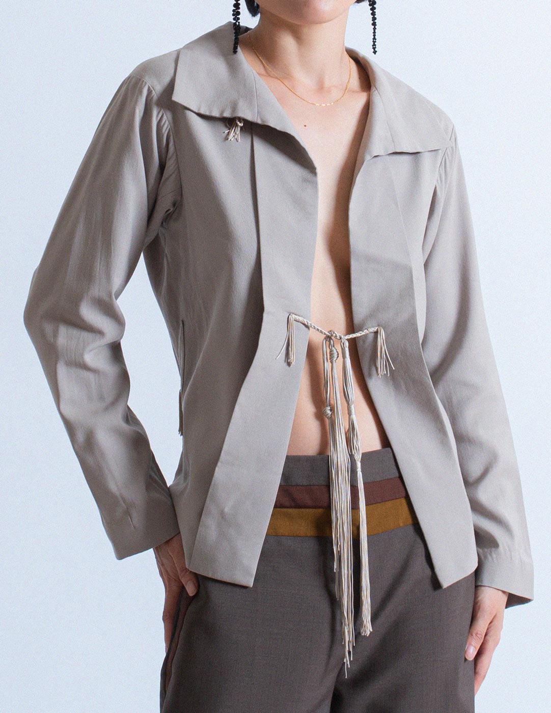 Issey Miyake vintage dove gray wool blazer with tassels front detail