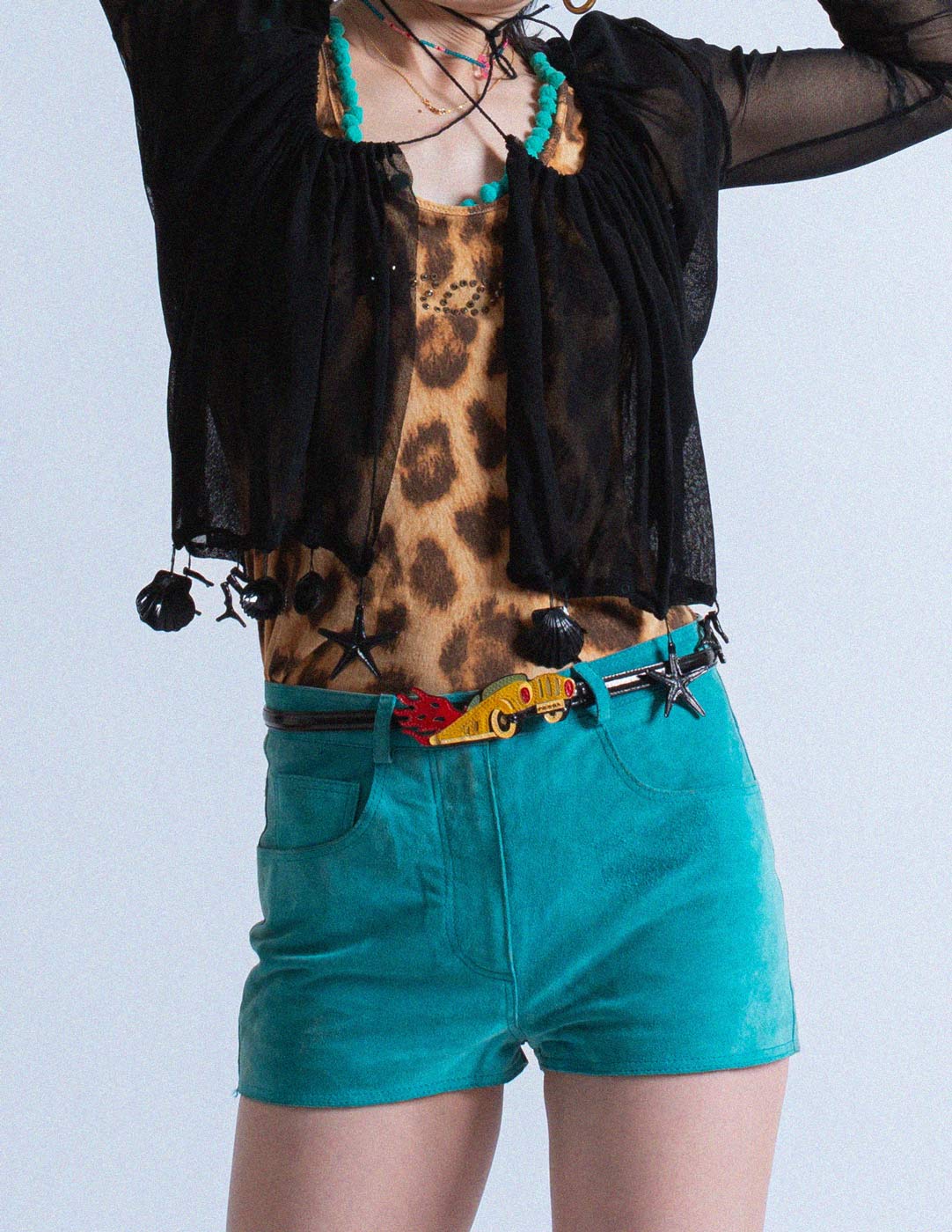 Miu Miu vintage teal suede shorts front detail