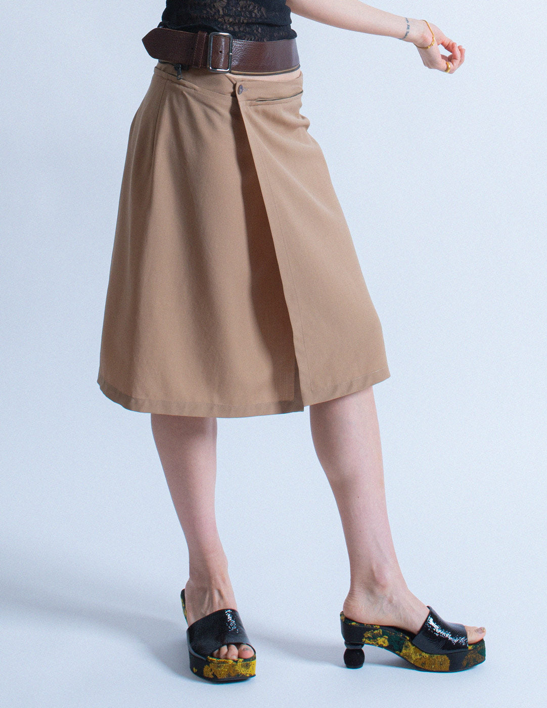 Jean Paul Gaultier vintage wrap skirt with zipped leather belt side detail