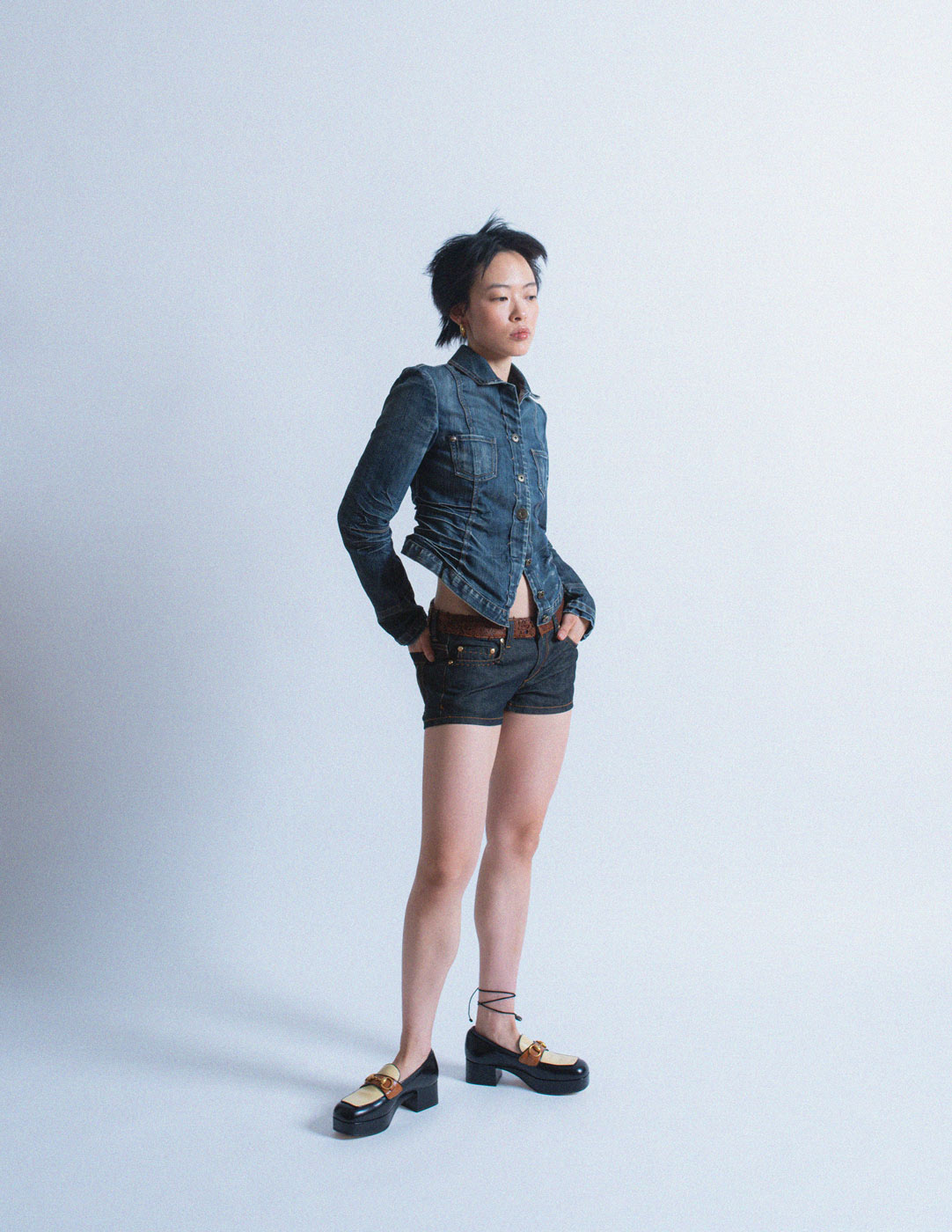 Blumarine denim shorts with leather trim