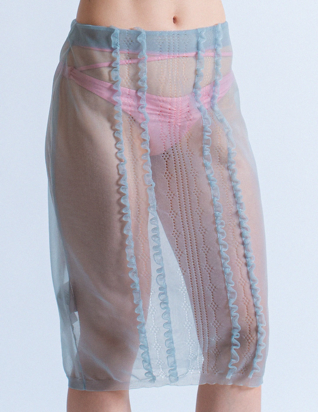 Miu Miu dusty blue sheer mesh skirt front detail