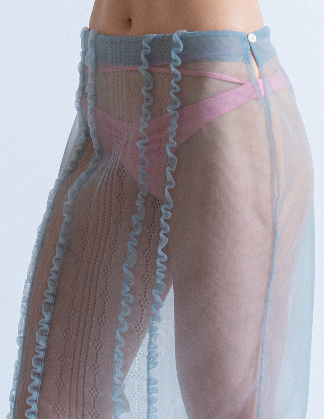 Miu Miu dusty blue sheer mesh skirt detail