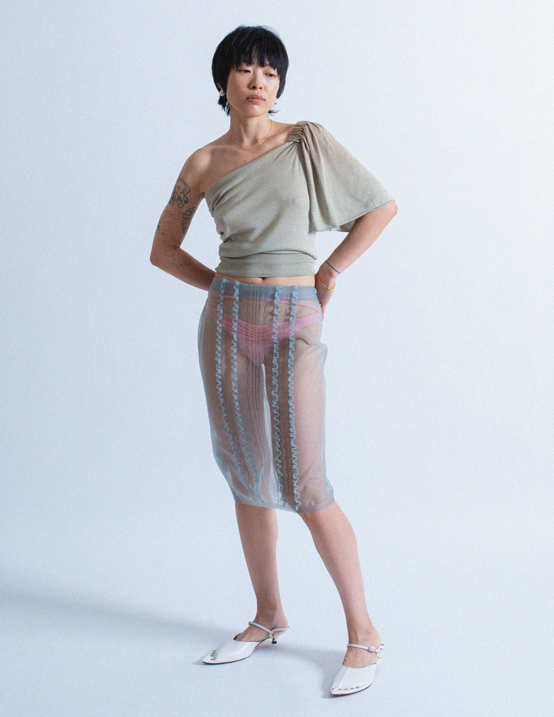 Miu Miu dusty blue sheer mesh skirt