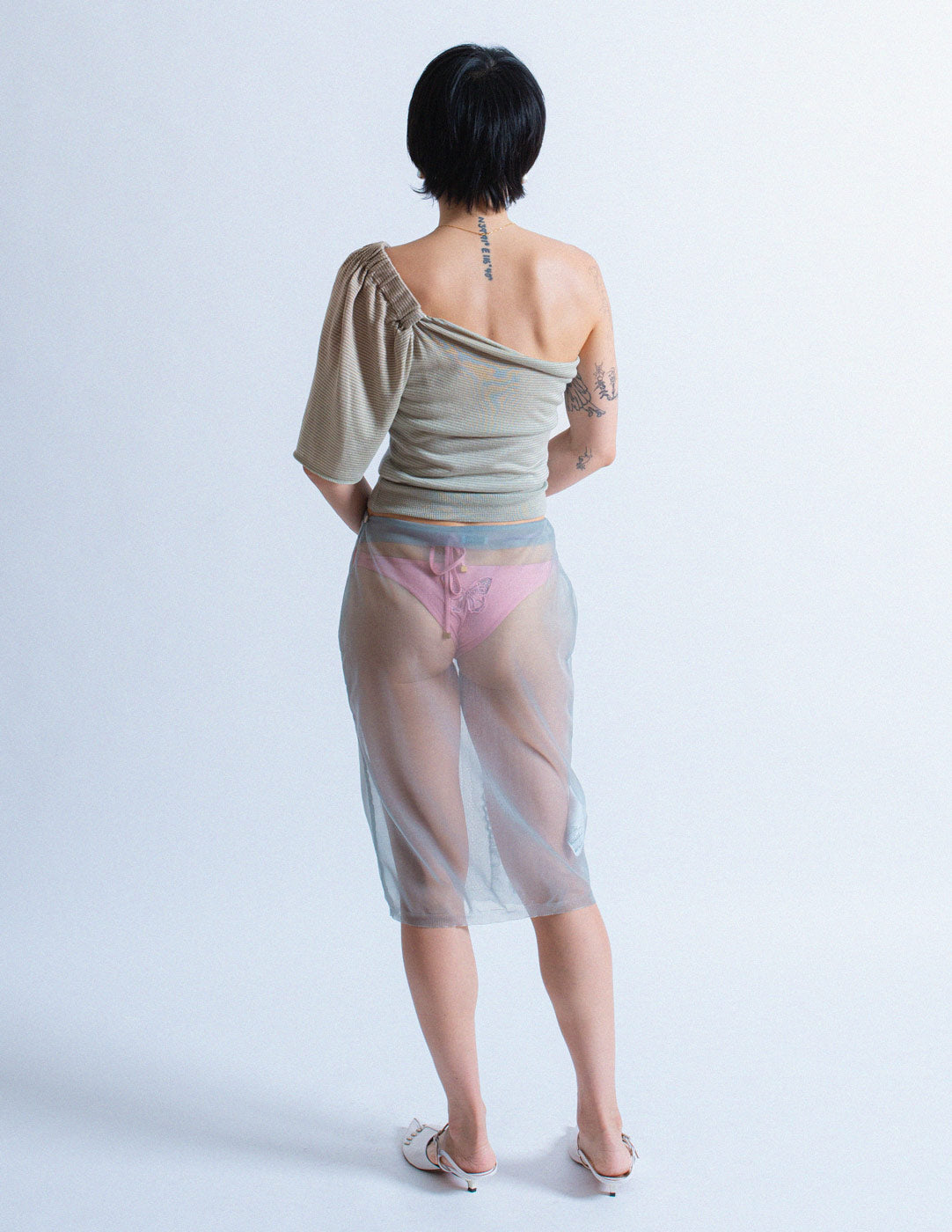 Miu Miu dusty blue sheer mesh skirt back view