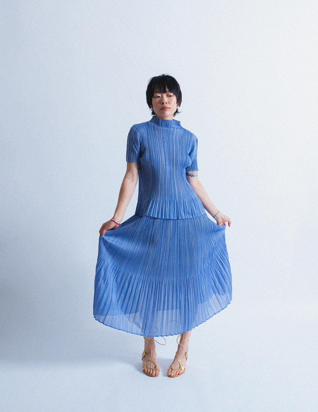 Issey Miyake vintage blue pleated skirt set