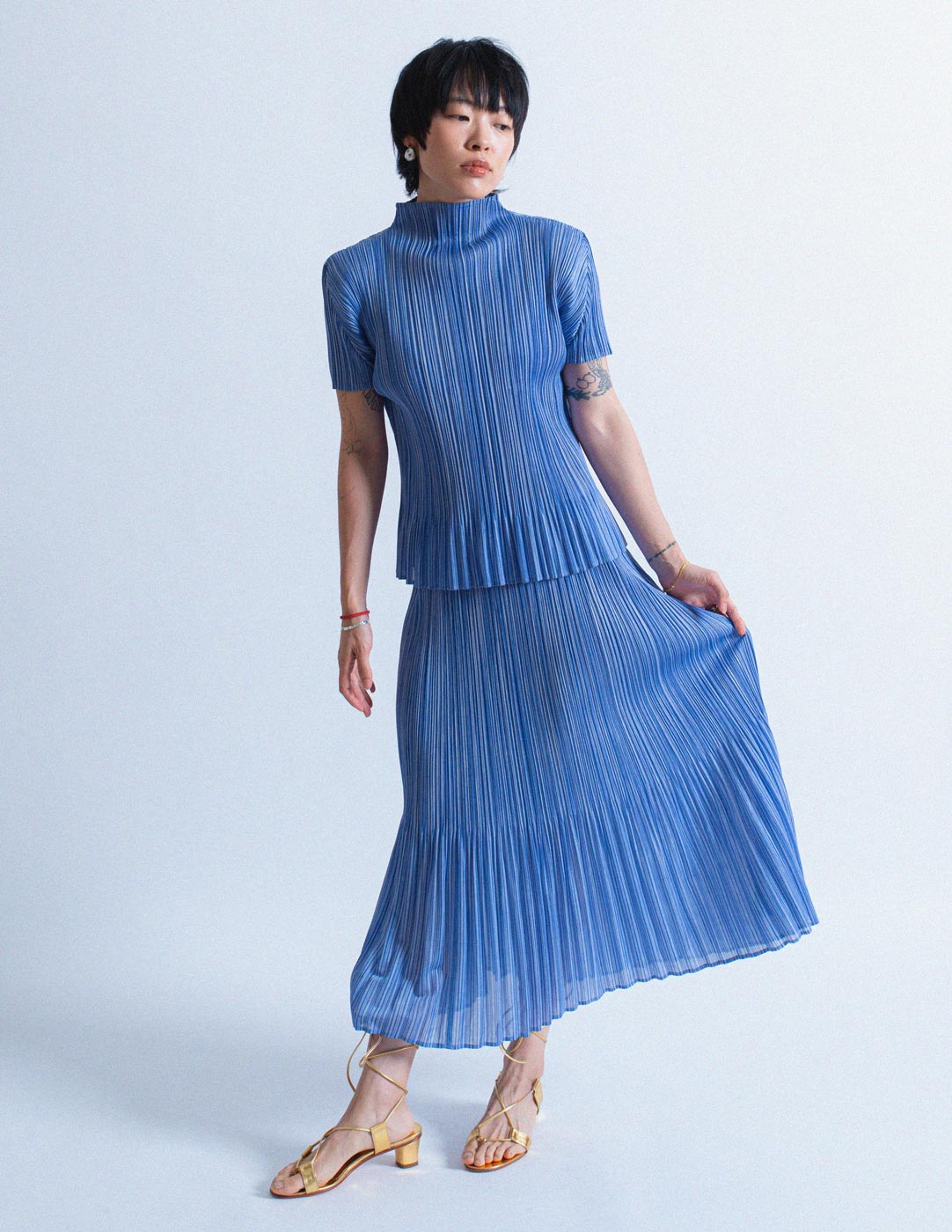 Issey Miyake vintage blue pleated skirt set
