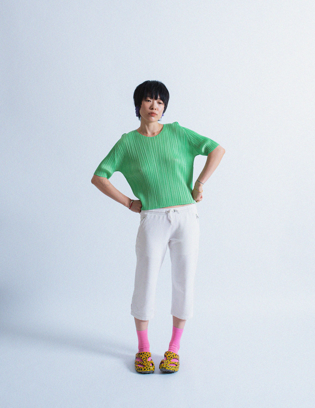 Issey Miyake green pleated short sleeves