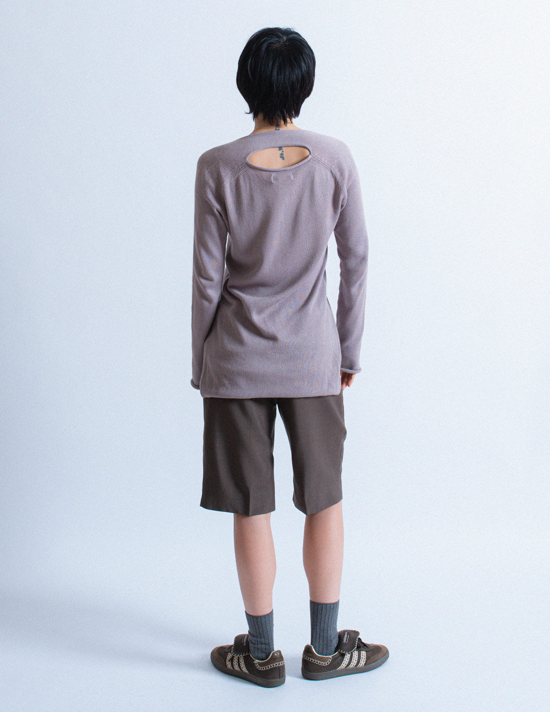 Yohji Yamamoto amethyst smoke cotton cut-out cardigan back view