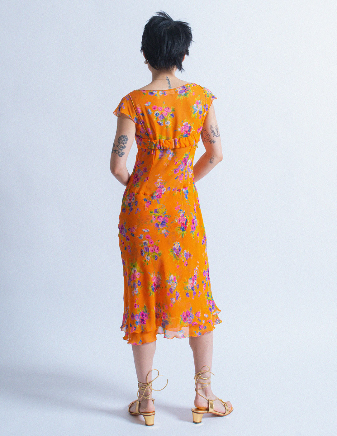 Blumarine orange floral silk dress set back view