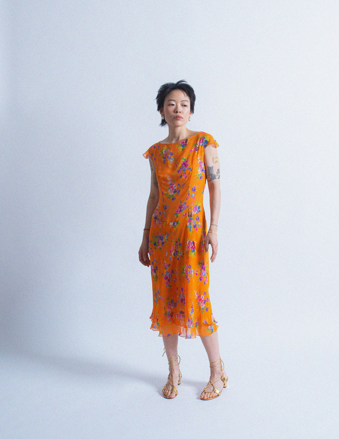 Blumarine orange floral silk dress set