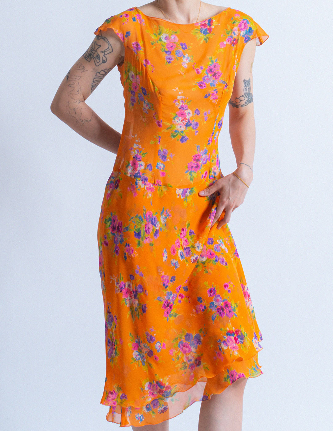 Blumarine orange floral silk dress set front detail
