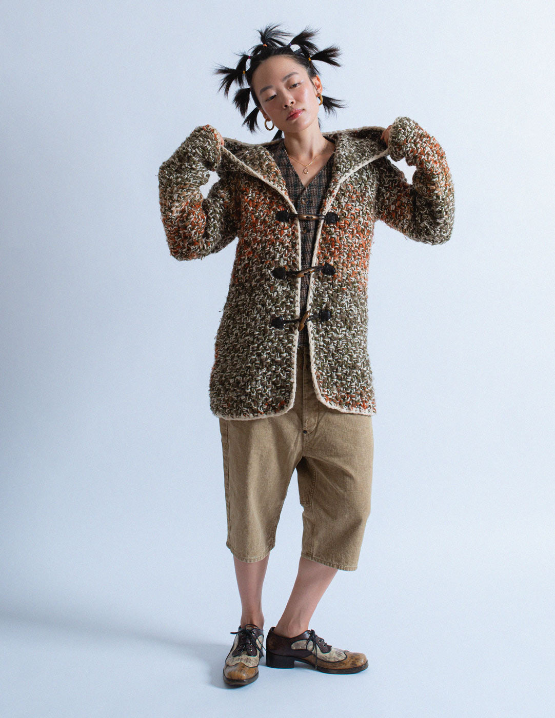 toggle button sweater coat with hood