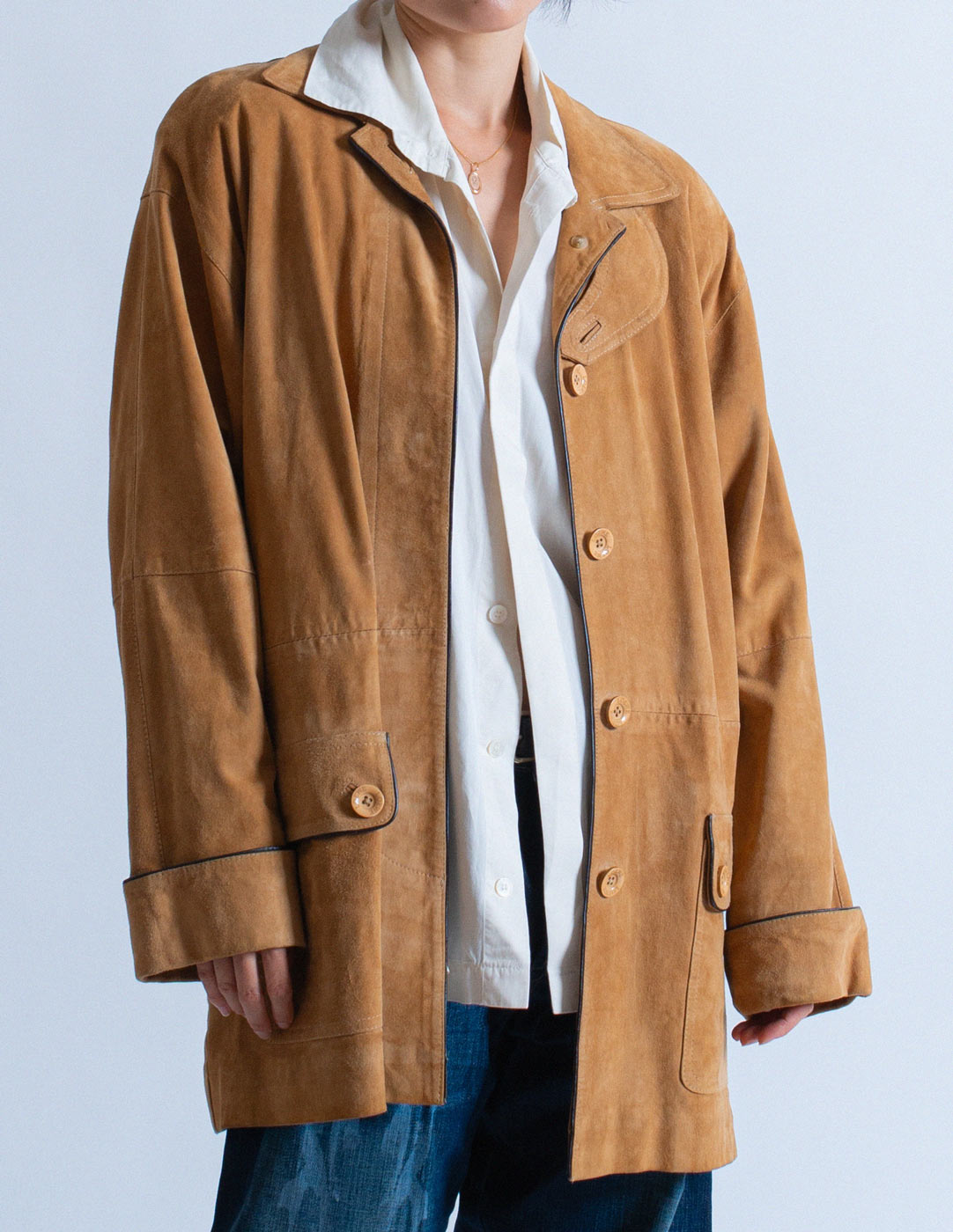 Loewe vintage camel suede jacket open detail