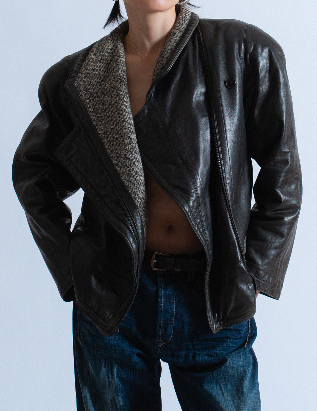 Gianni Versace vintage leather moto jacket open detail