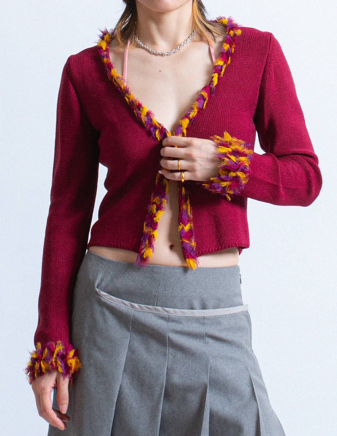 Christian Dior vintage plum cotton silk cardigan with feathered trim detail
