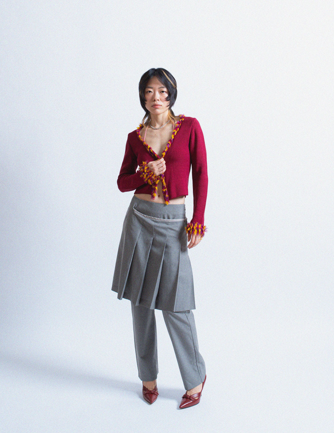 Christian Dior vintage plum cotton silk cardigan with feathered trim