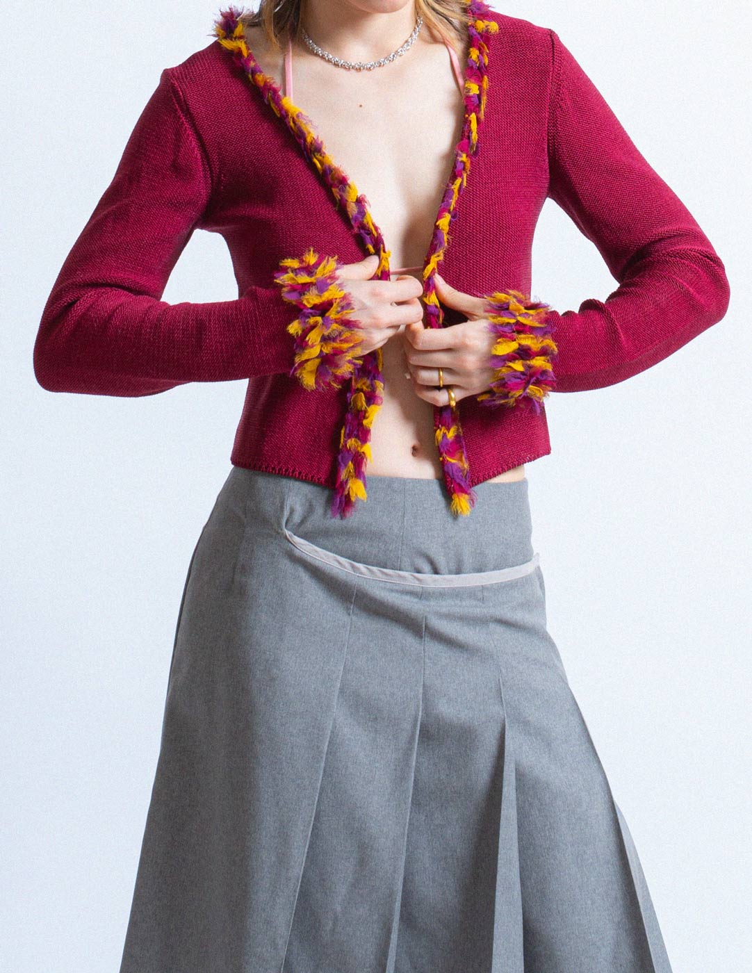 Christian Dior vintage plum cotton silk cardigan with feathered trim front detail
