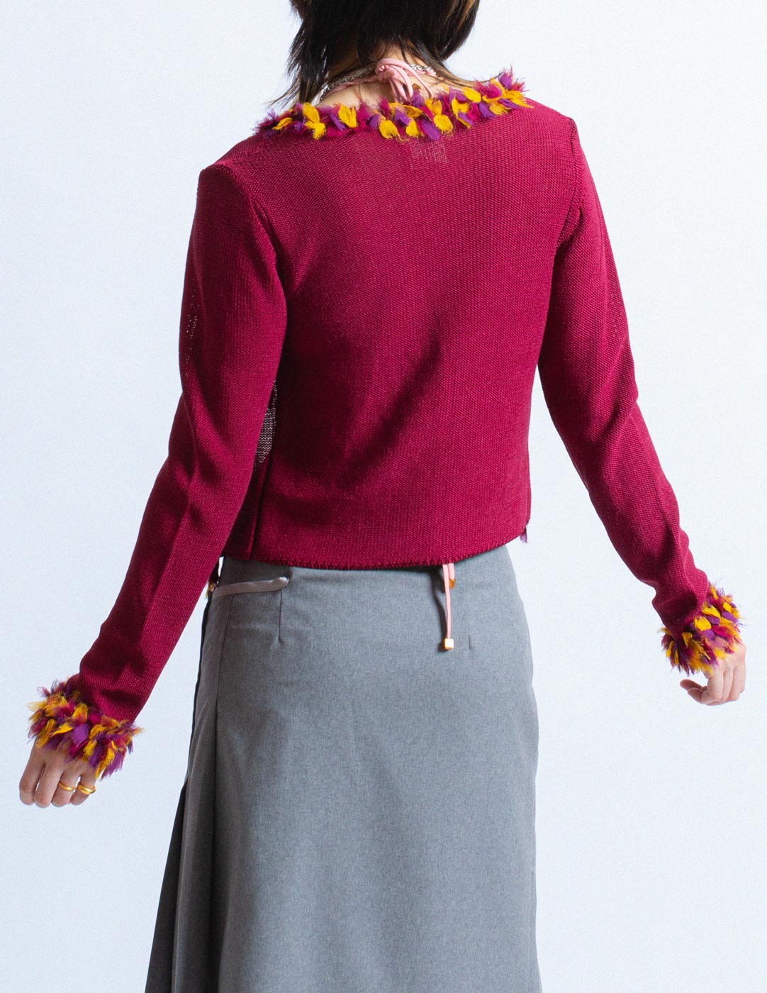 Christian Dior vintage plum cotton silk cardigan with feathered trim back detail
