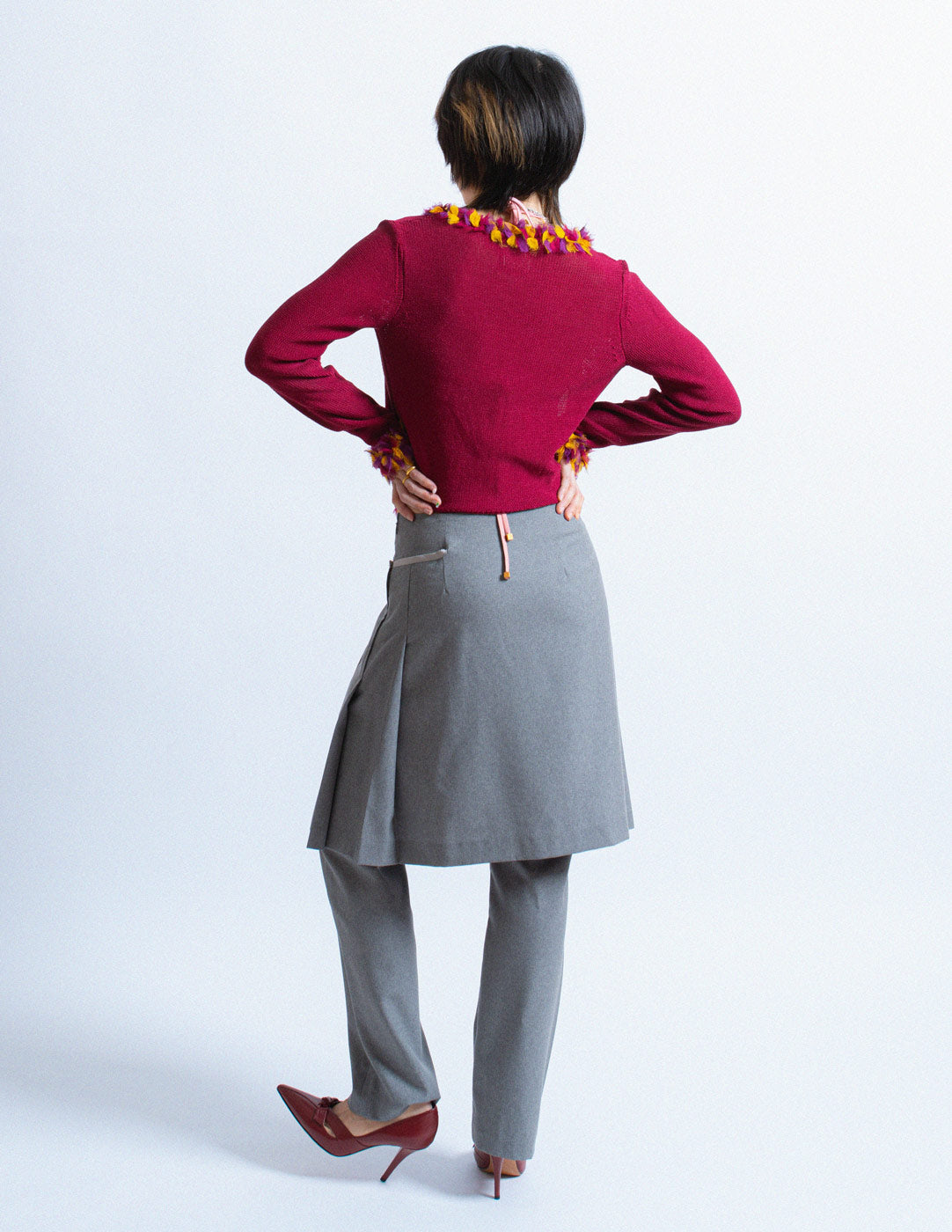 Christian Dior vintage plum cotton silk cardigan with feathered trim back view