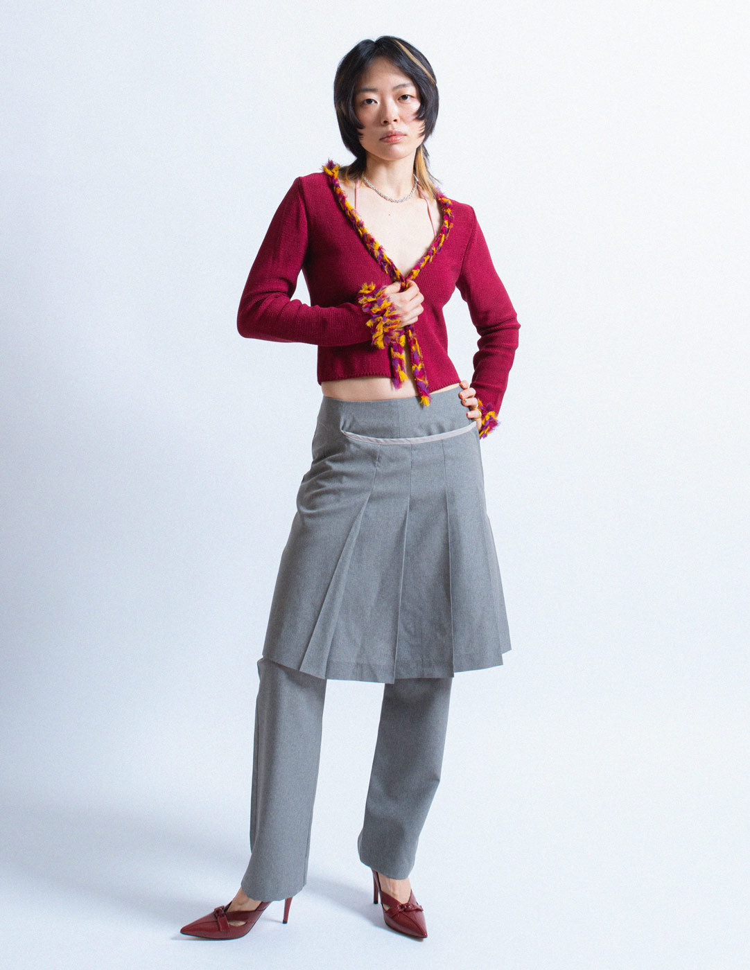 Christian Dior vintage plum cotton silk cardigan with feathered trim