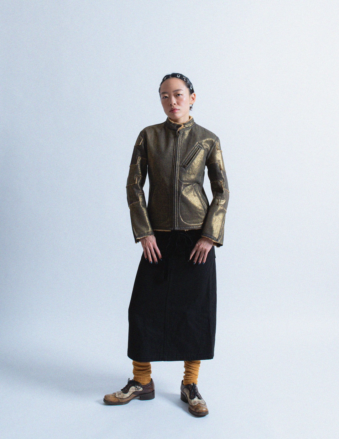 Comme des Garçons vintage black denim skirt with sequin velvet trim