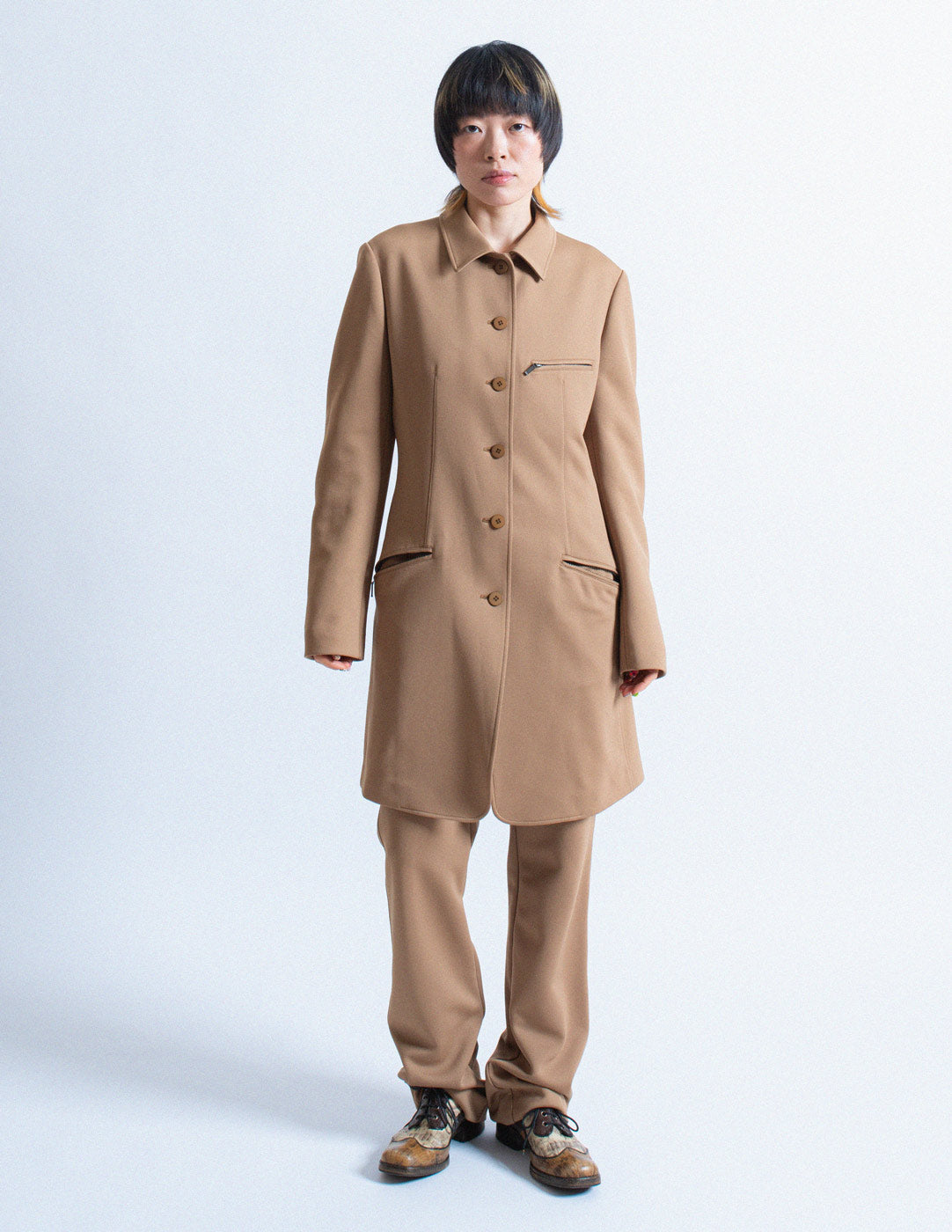 Issey Miyake camel tone long blazer and trousers set