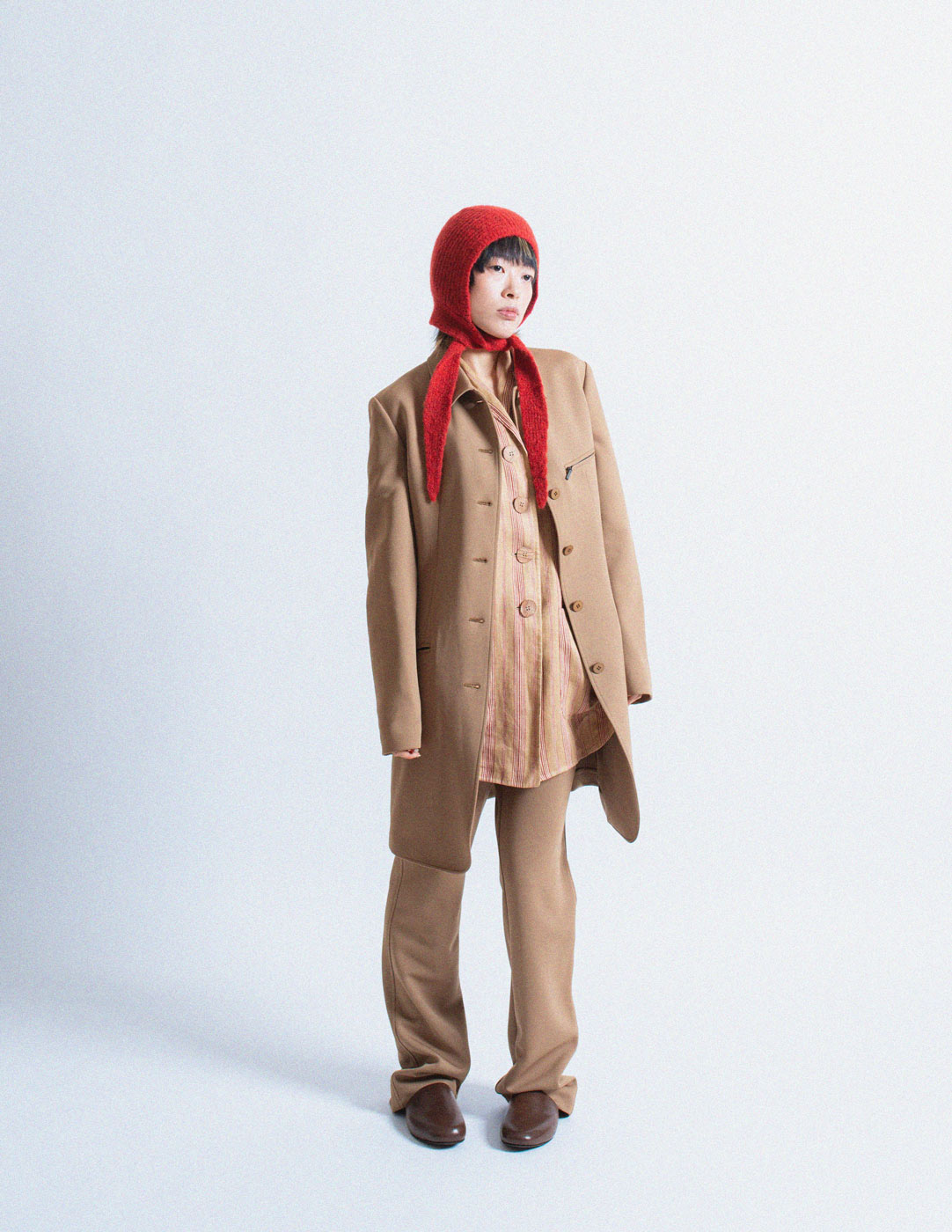 Issey Miyake camel tone long blazer and trousers set