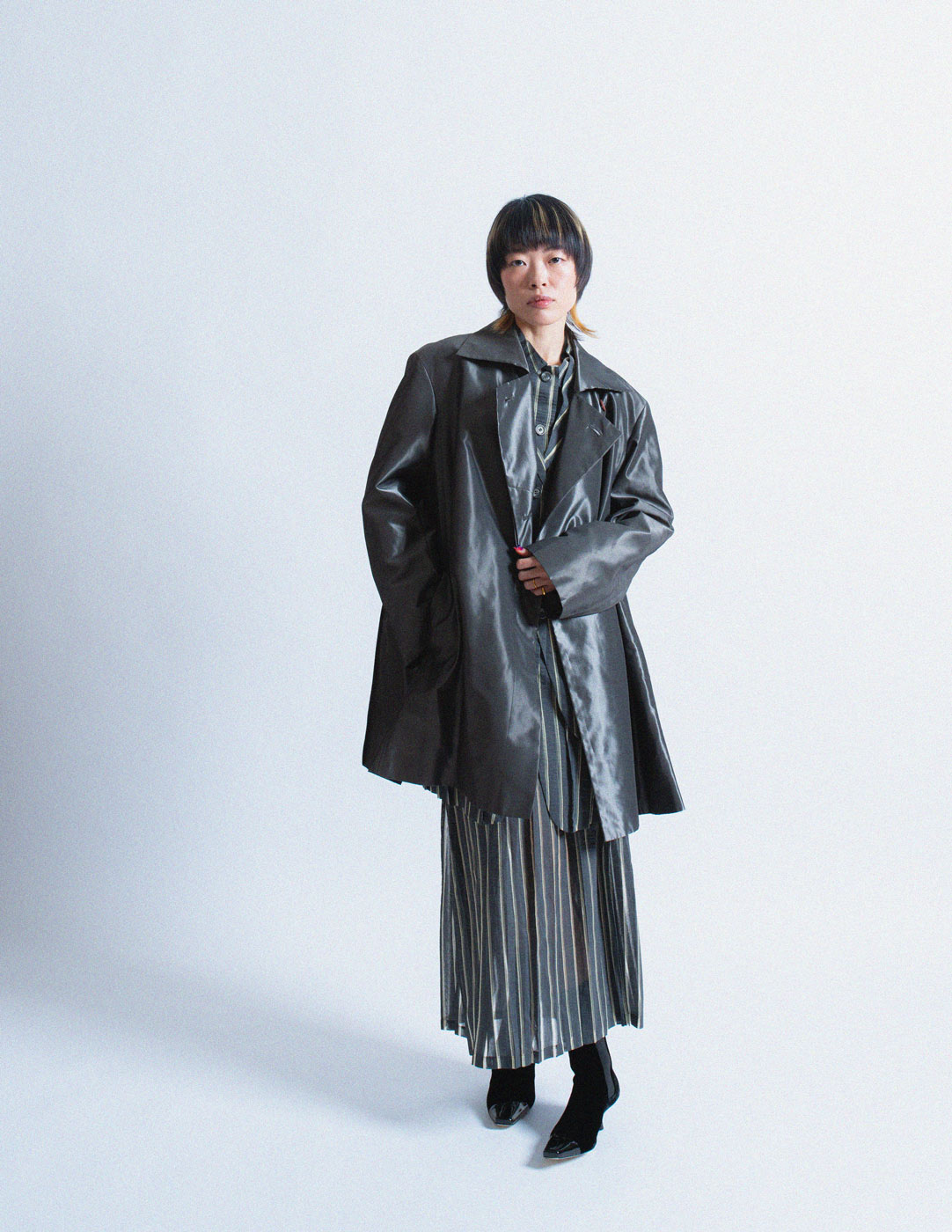 Issey Miyake iridescent slate swing coat