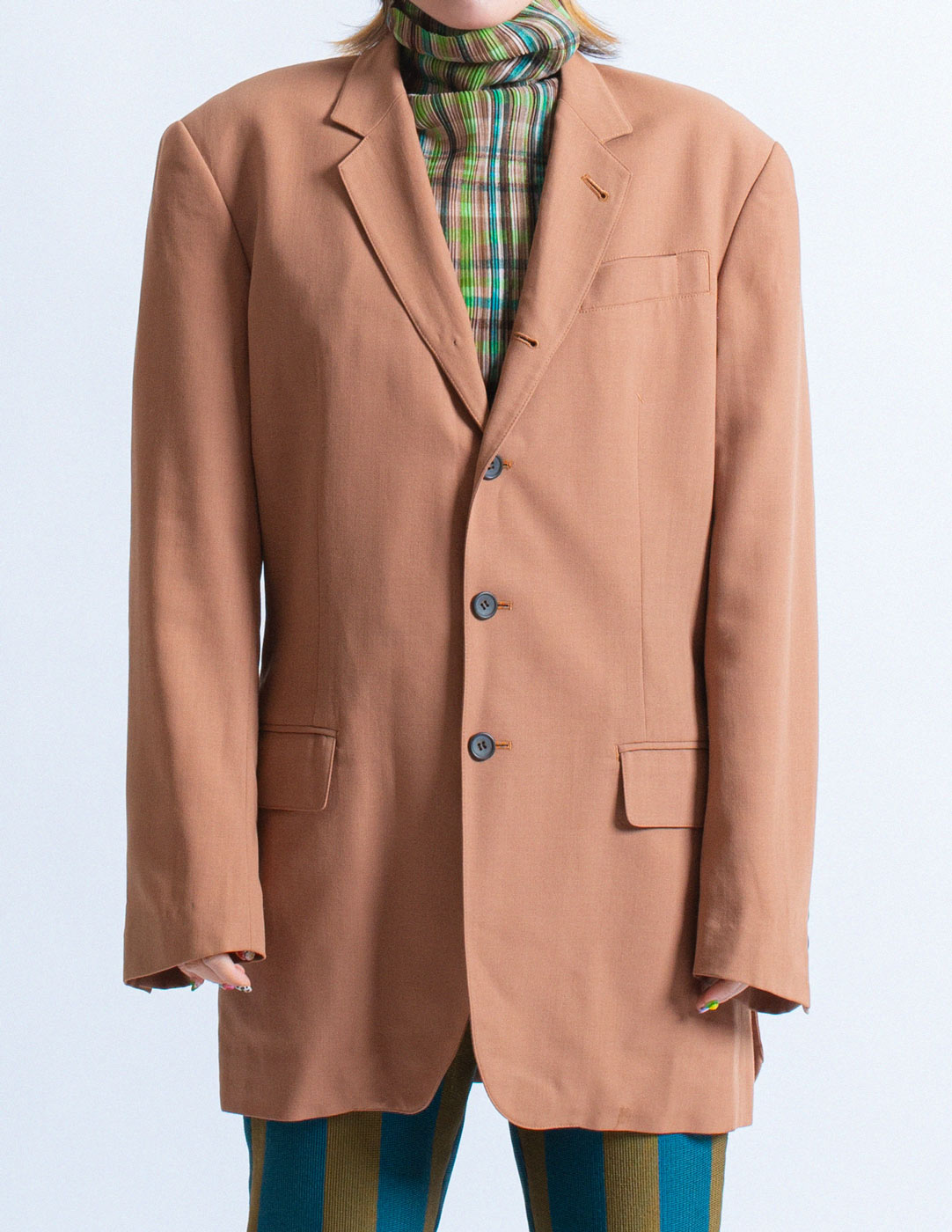 Jean Paul Gaultier vintage camel wool blazer with oversized back pockets front detail