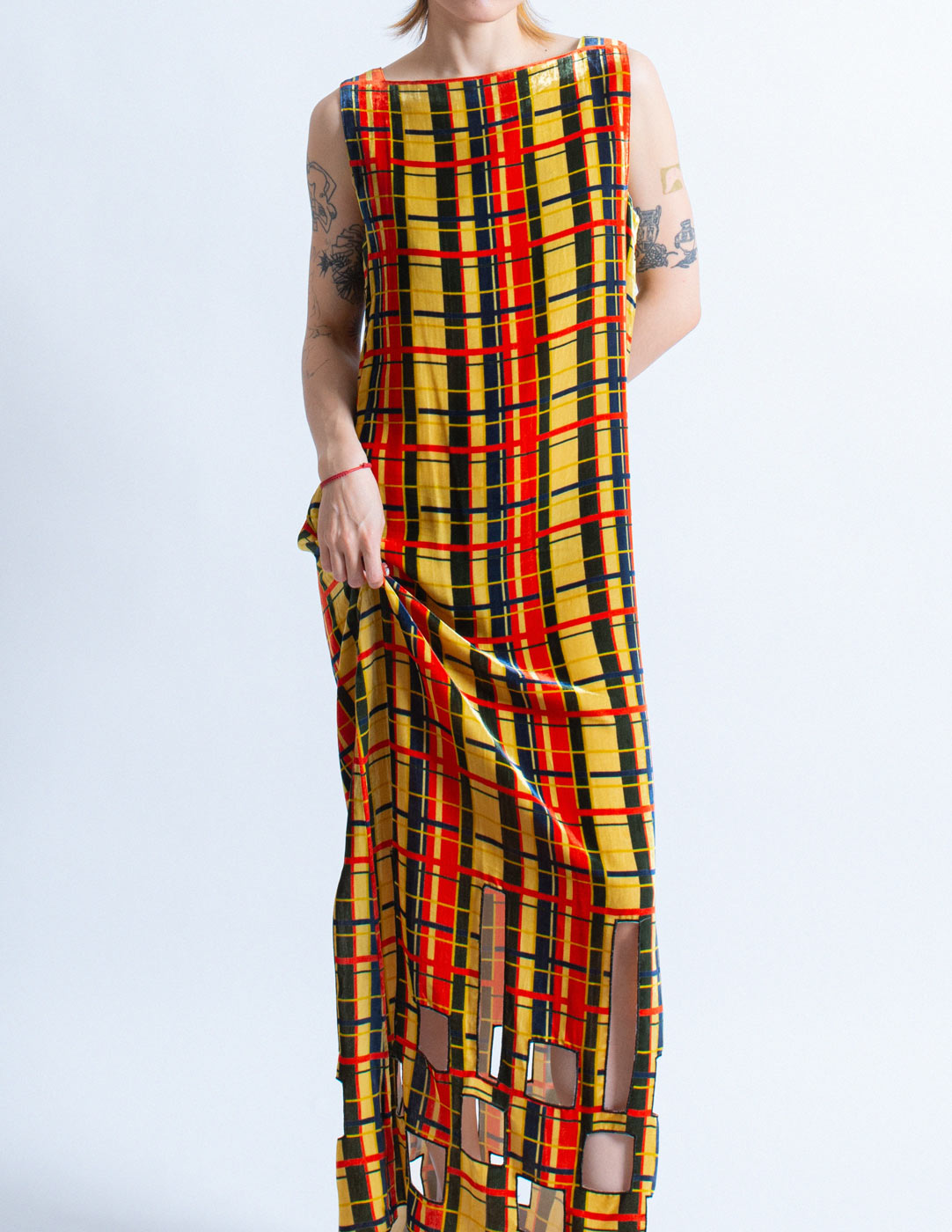 Jean Paul Gaultier vintage plaid velvet maxi dress with cutouts front detail