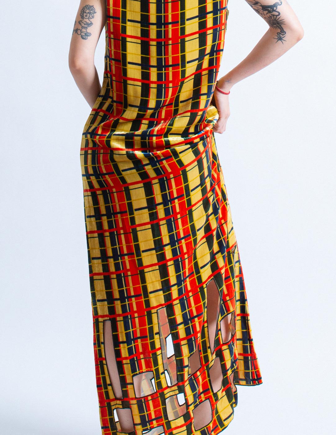 Jean Paul Gaultier vintage plaid velvet maxi dress with cutouts back detail
