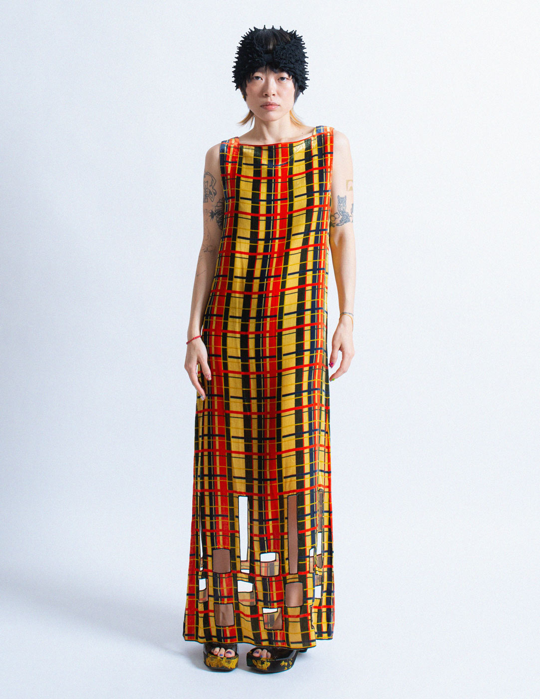 Jean Paul Gaultier vintage plaid velvet maxi dress with cutouts