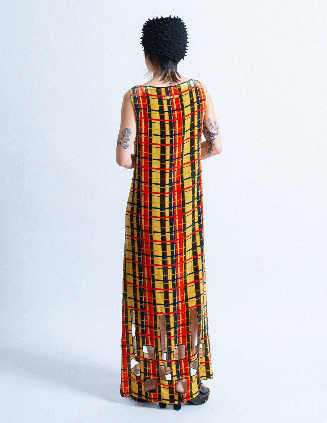 Jean Paul Gaultier vintage plaid velvet maxi dress with cutouts back view