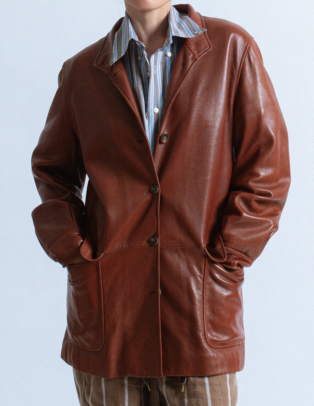 Loro Piana amber lambskin jacket with cashmere lining front detail