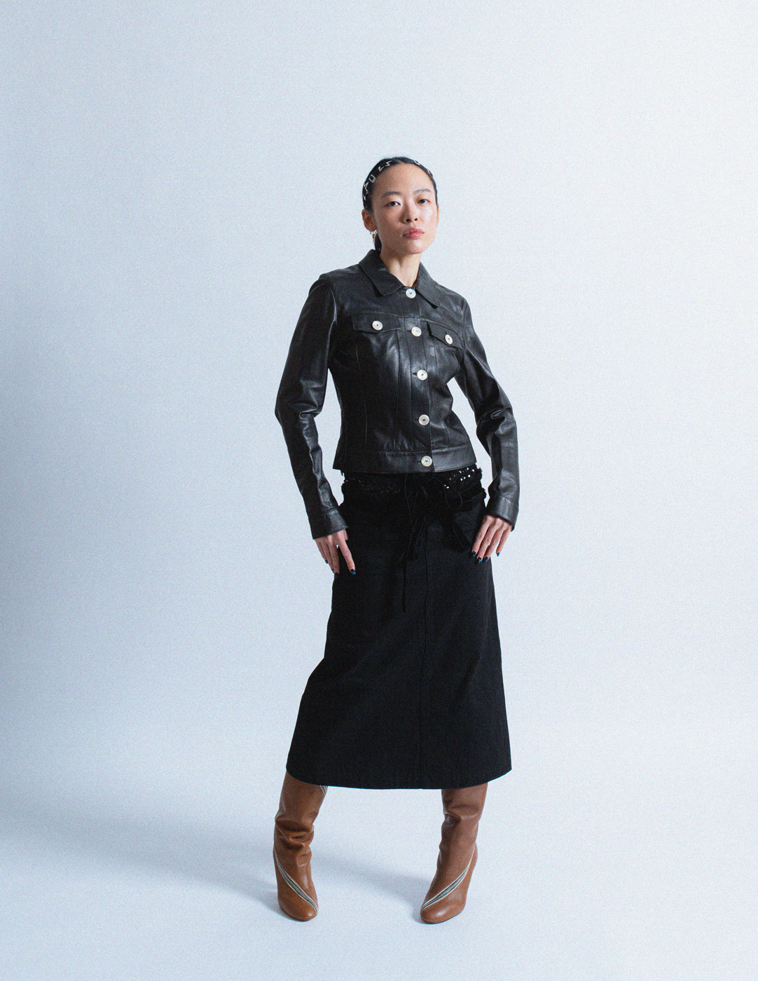 Comme des Garçons vintage black denim skirt with sequin velvet trim