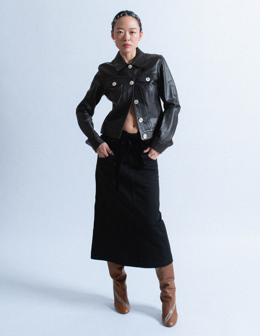 Comme des Garçons vintage black denim skirt with sequin velvet trim