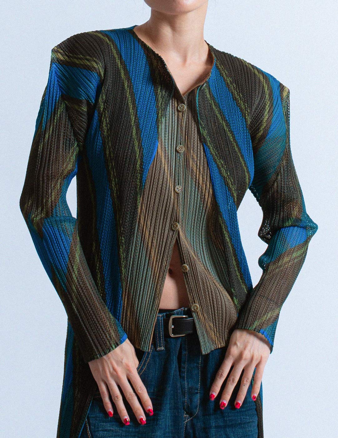 Pleats Please vintage diagonally striped layered pleated jacket front detail