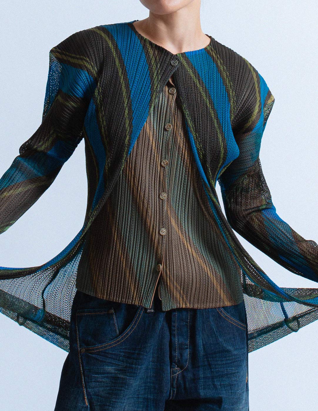 Pleats Please vintage diagonally striped layered pleated jacket detail