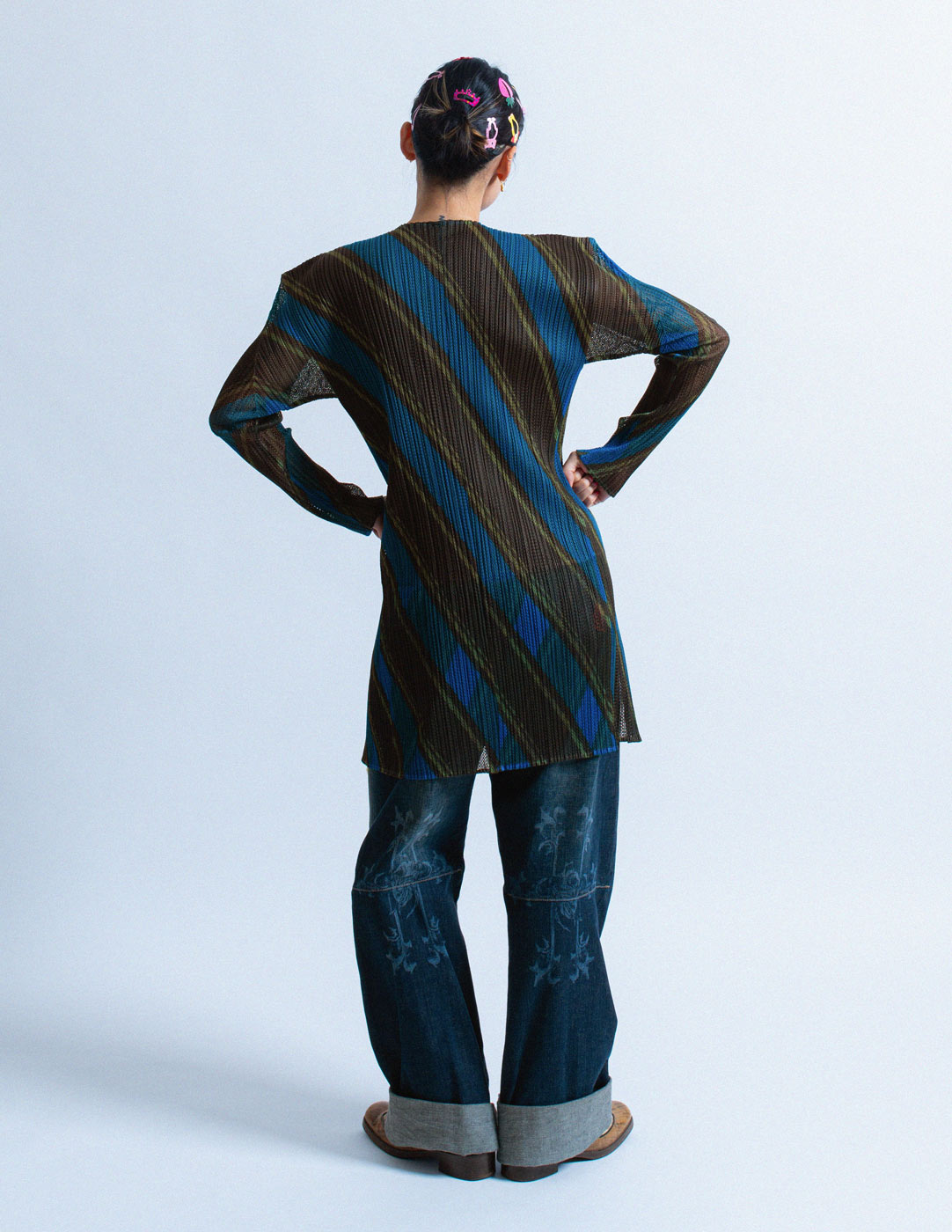 Pleats Please vintage diagonally striped layered pleated jacket back view