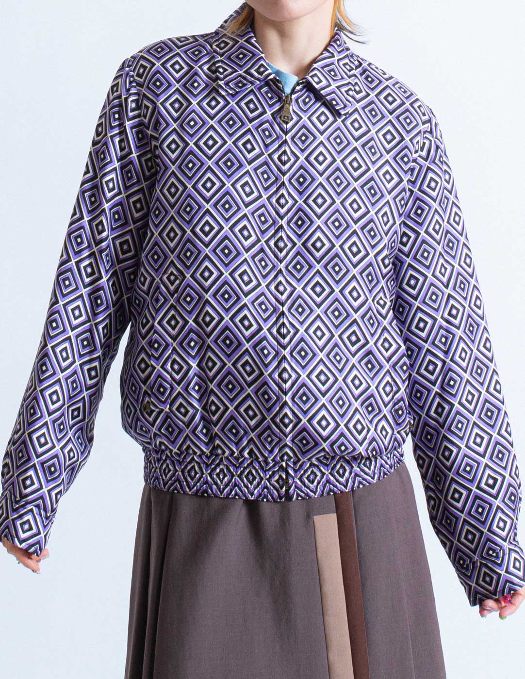 Prada diamond print padded silk bomber jacket front detail