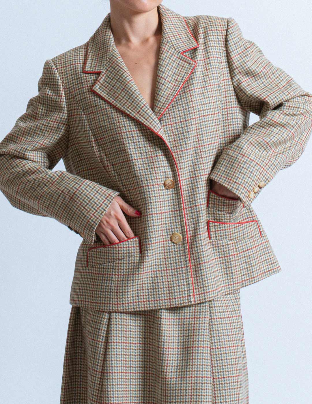 vintage multi-colored houndstooth wool skirt suit
