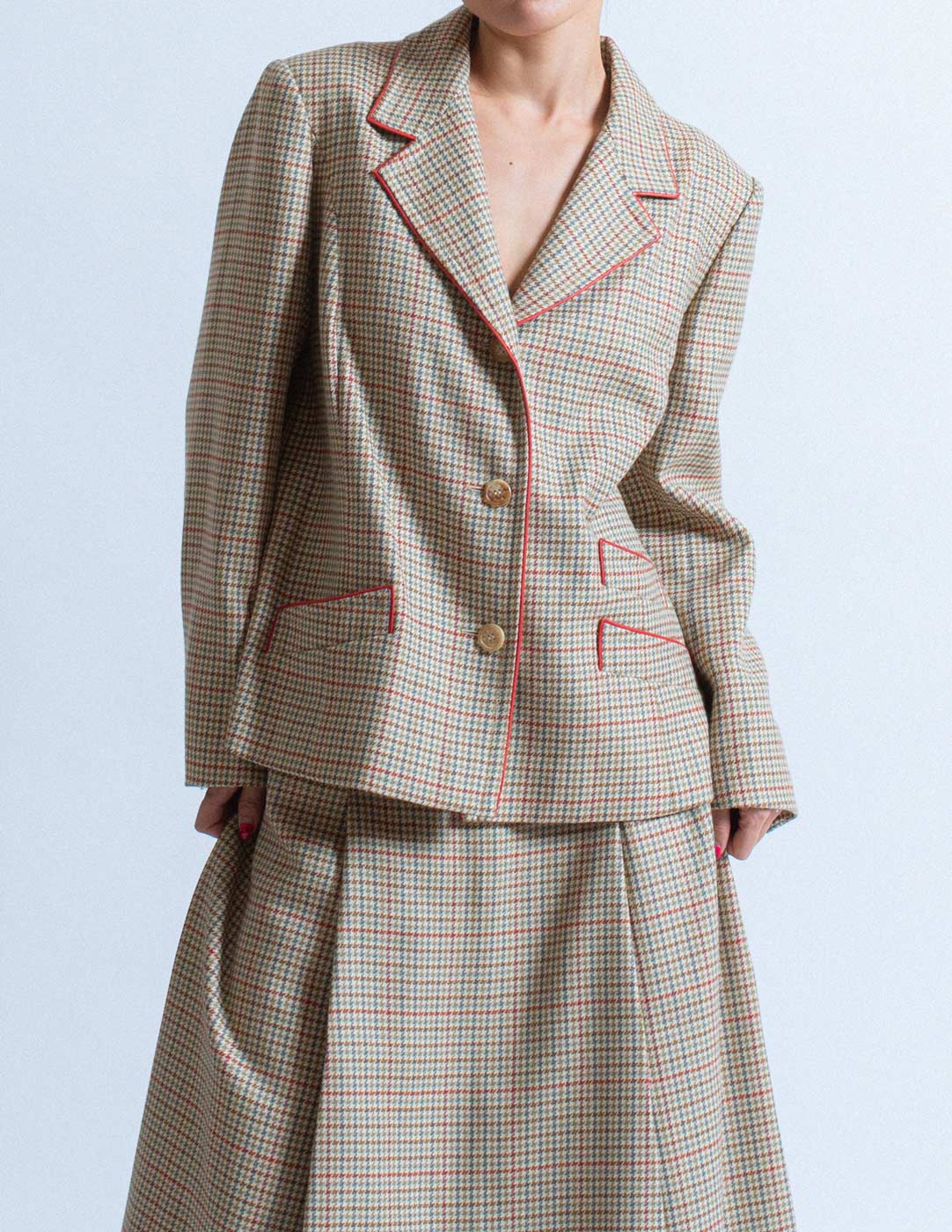 vintage multi-colored houndstooth wool skirt suit