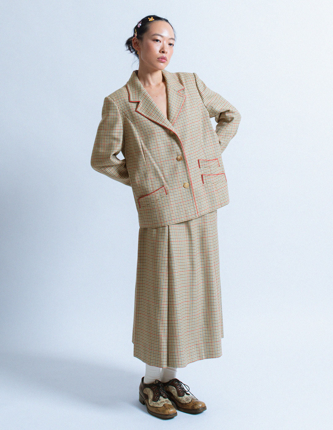 vintage multi-colored houndstooth wool skirt suit