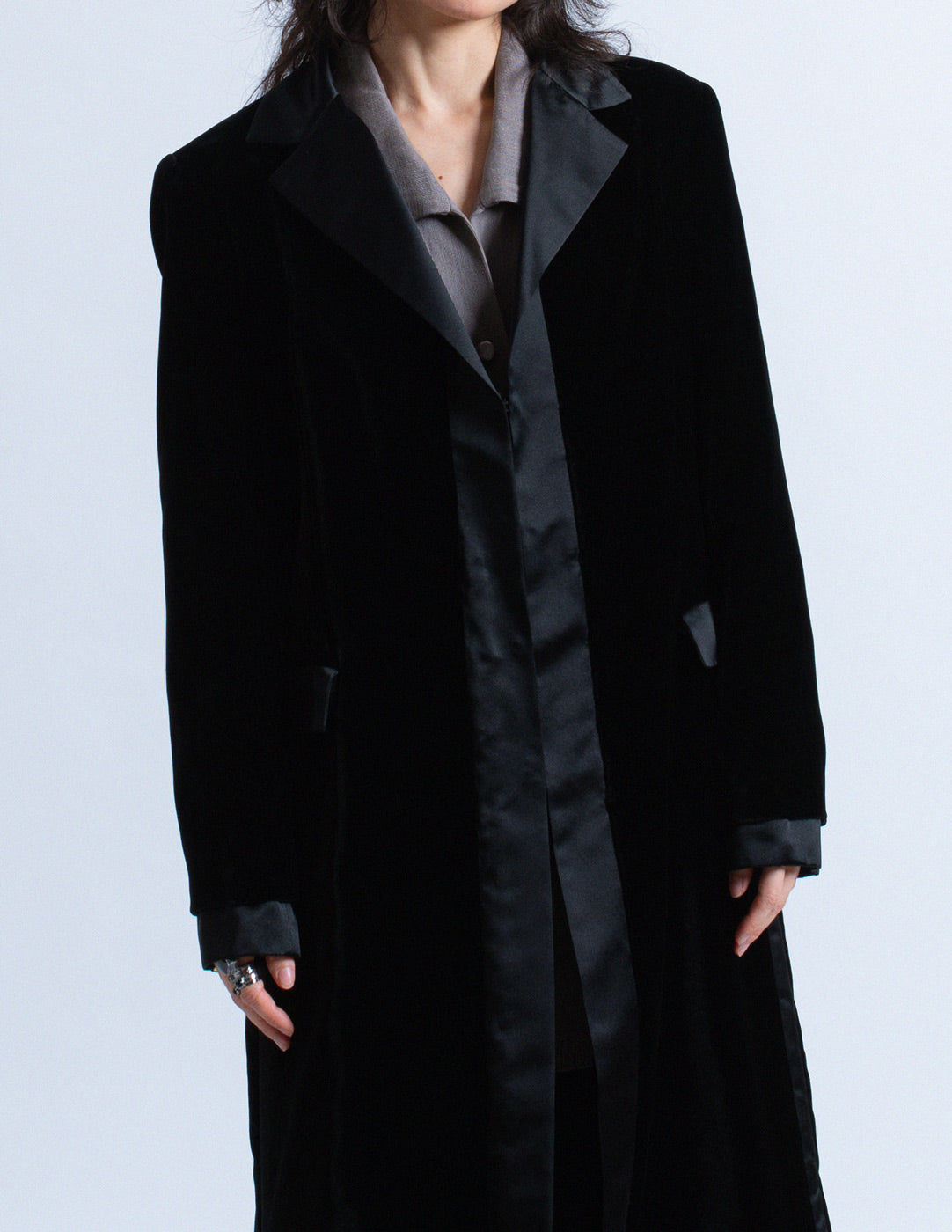 Blumarine black velvet coat with satin trim detail
