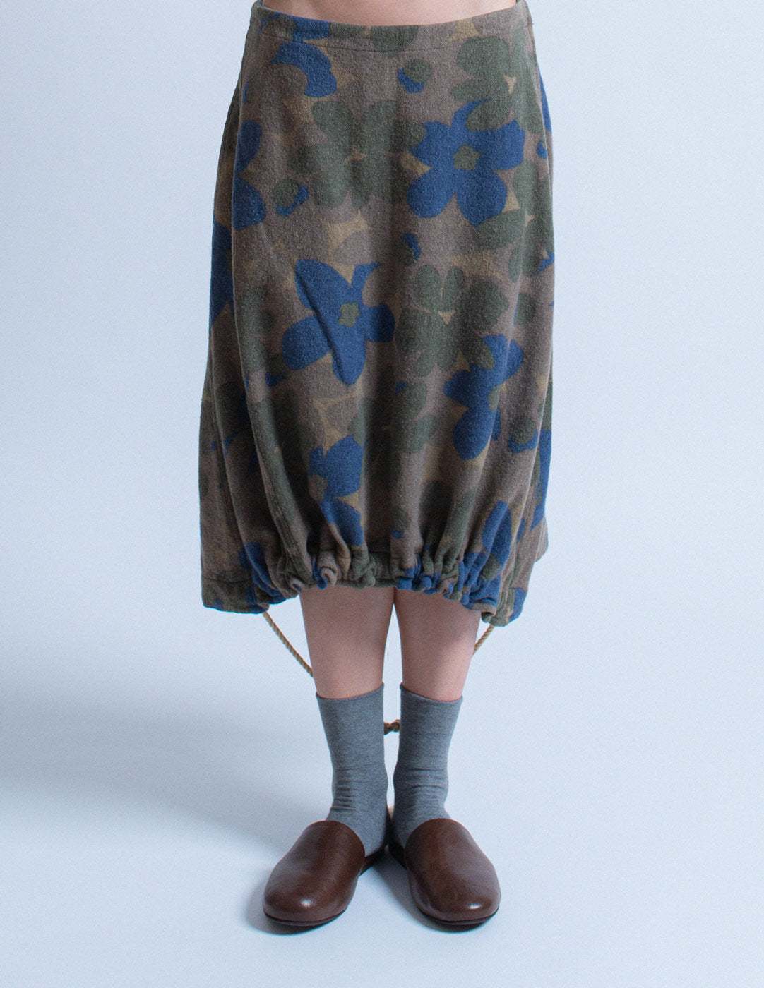Yohji Yamamoto olive tone floral wool skirt front detail