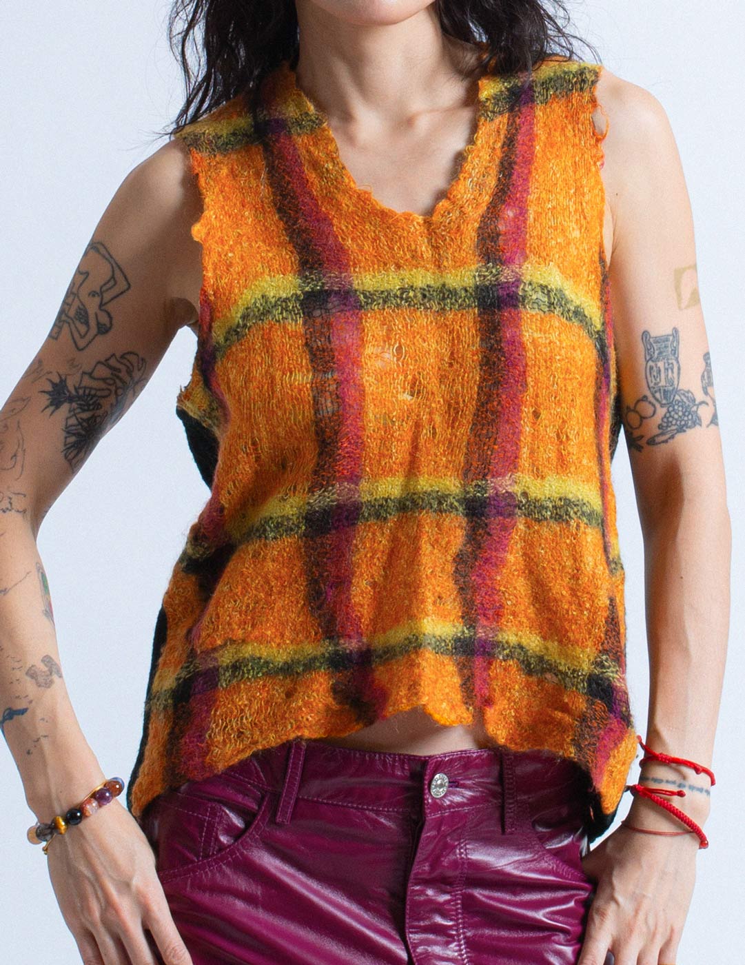 Comme des Garçons vintage orange plaid wool vest front detail