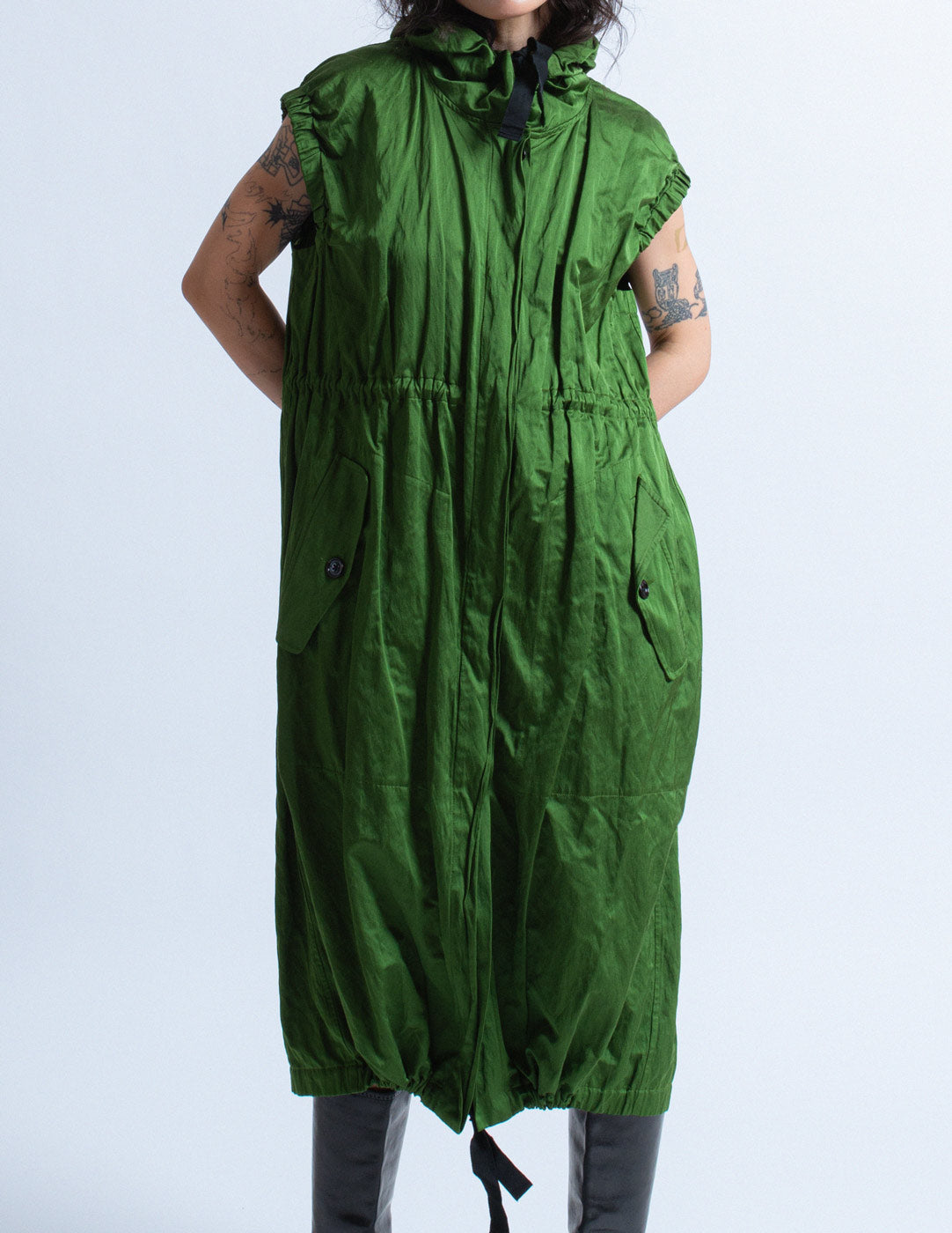 Dries Van Noten green crinkled dress jacket with hood front detail