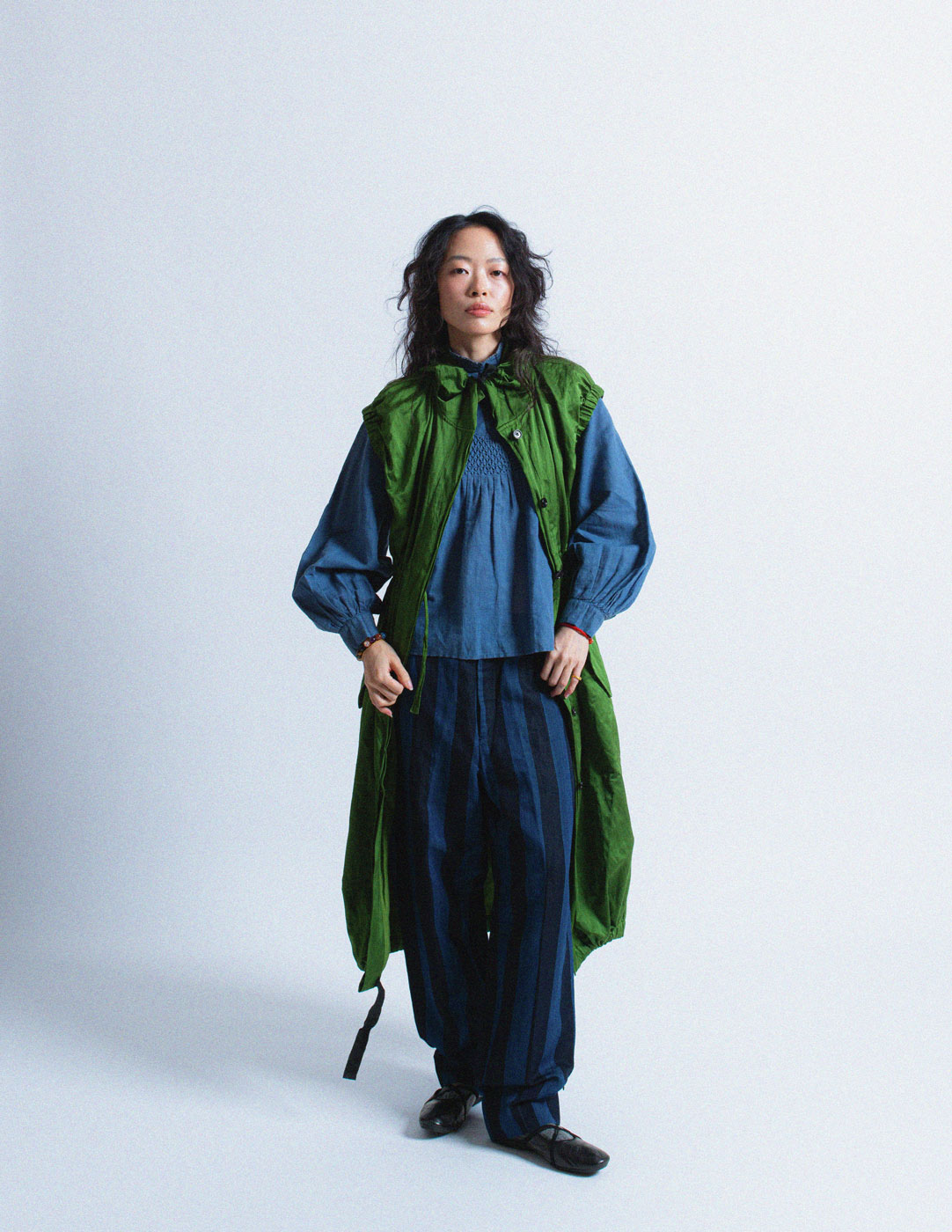 Kapital indigo blue smocked cotton linen blouse