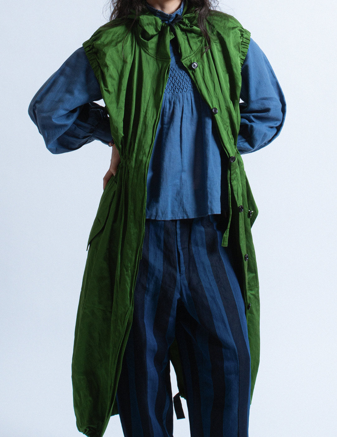 Dries Van Noten green crinkled dress jacket with hood layer detail