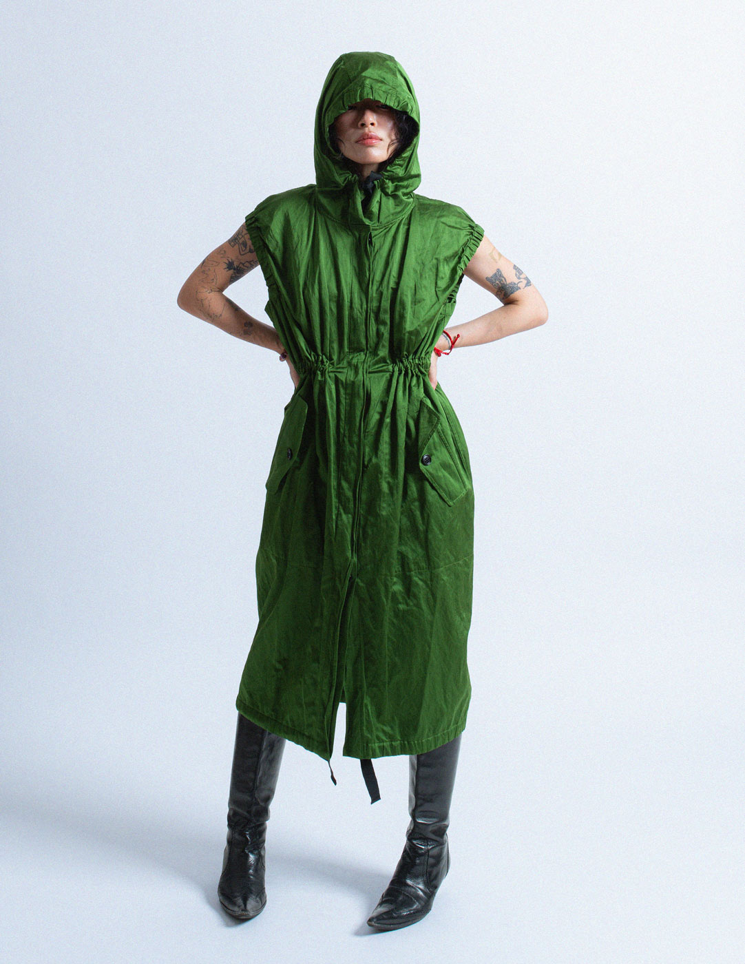 Dries Van Noten green crinkled dress jacket with hood front view
